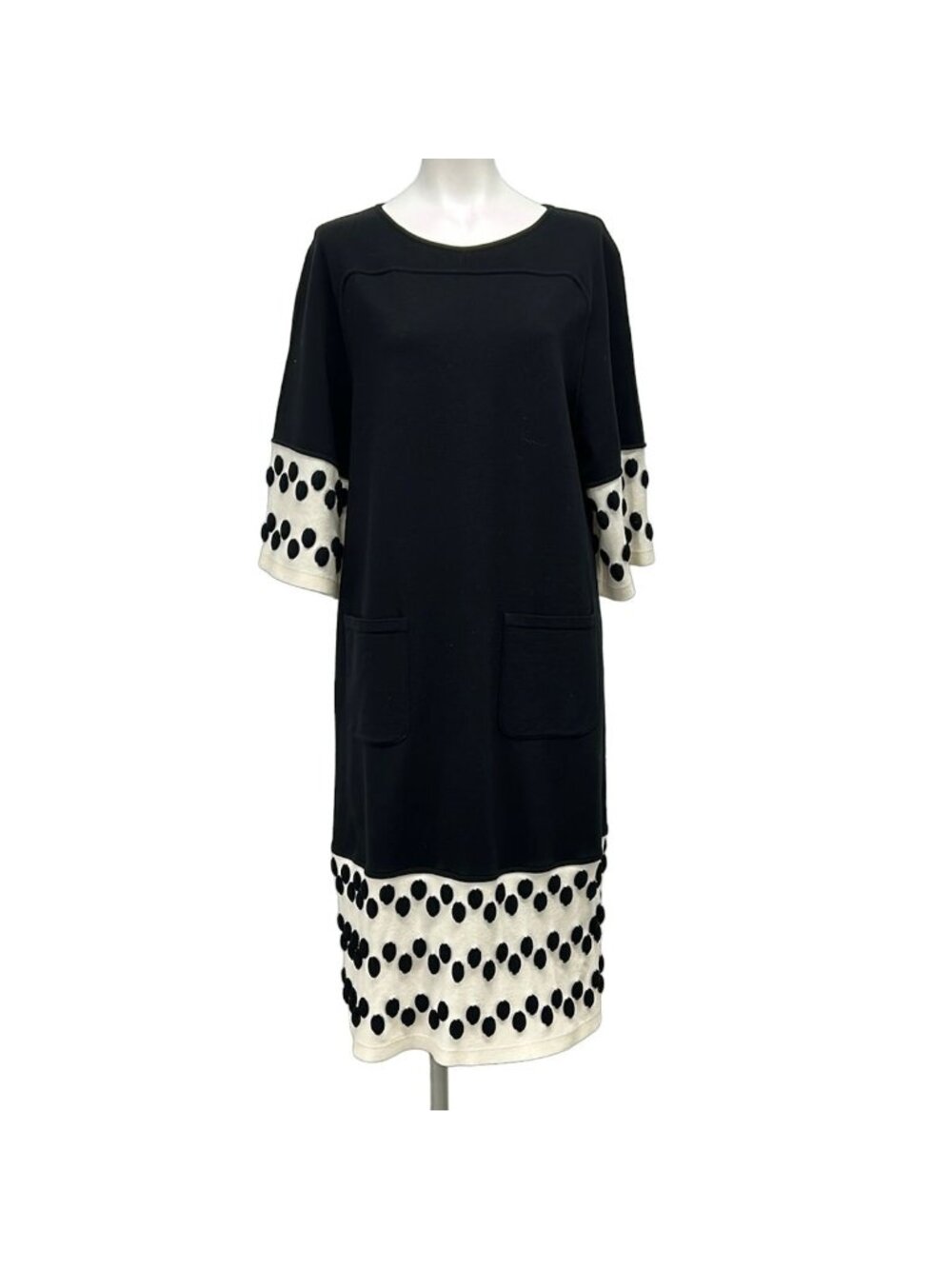 Chanel Dress 42 L Black Ivory Crew Neck 3/4 Sleeve Long Wool